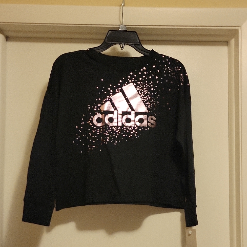 NWT: adidas Girls CrewNeck Long Sleeve Graphic Tee With Foil Logo & Purple Stars
